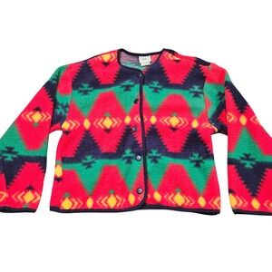 David Wayne Fleece Cardigan S Made in USA Southwest Aztec Colorful‎ Vintage 90s